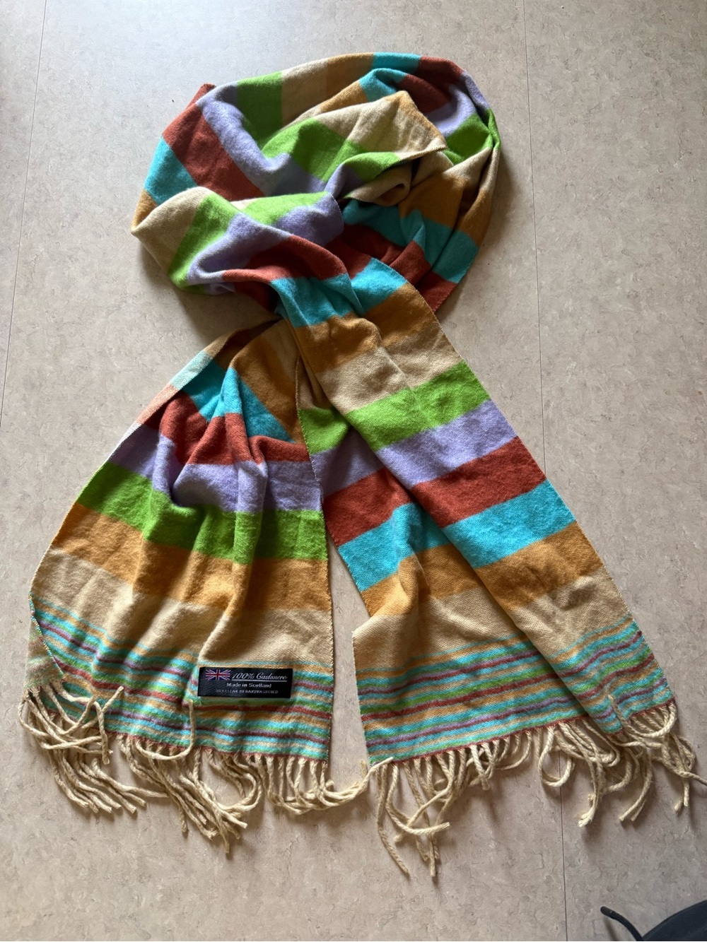 Vintage 100% Cashmere Striped Scarf Made in Scotland